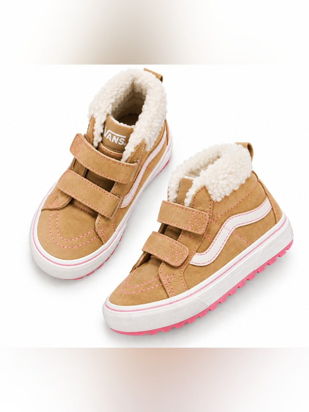 NEW Vans Kids Size 2 Tan Suede Sneakers with White Sherpa Lining